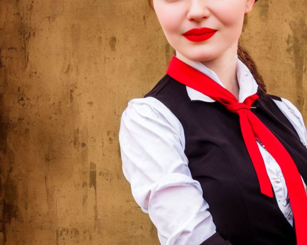 Woman in White Blouse and Black Vest with Red Scarf Smiling on Beige Background