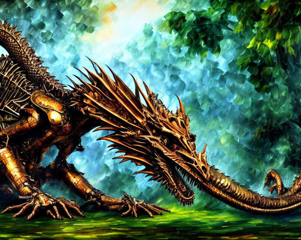 Detailed dragon with sharp spines and scales in lush green forest