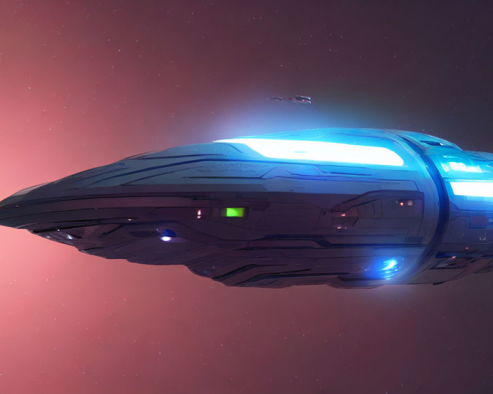 Futuristic spaceship with blue lights in red and purple space.