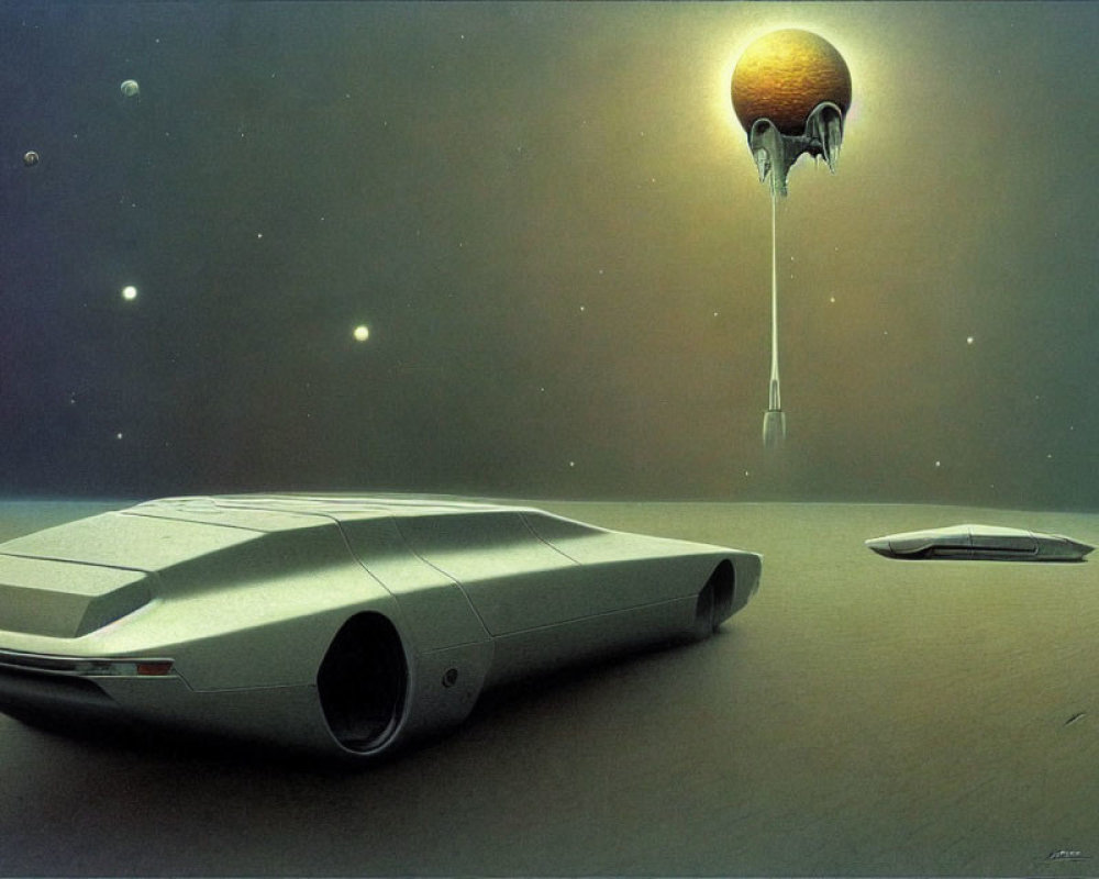 Futuristic cars and spaceship on barren landscape with surreal sky