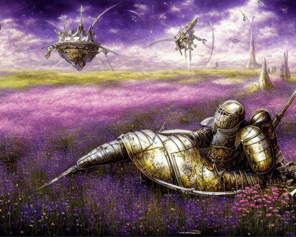 Knight in Armor Resting on Purple Flower Field with Futuristic Skyline