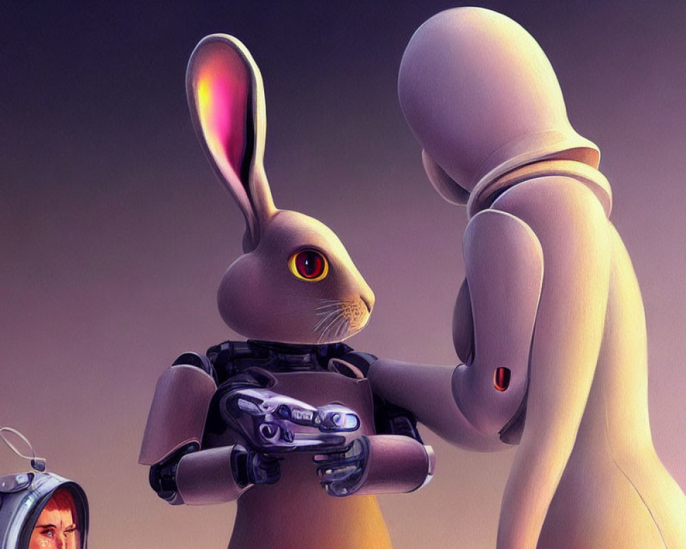 Rabbit-like humanoid robot meets white android in abstract setting