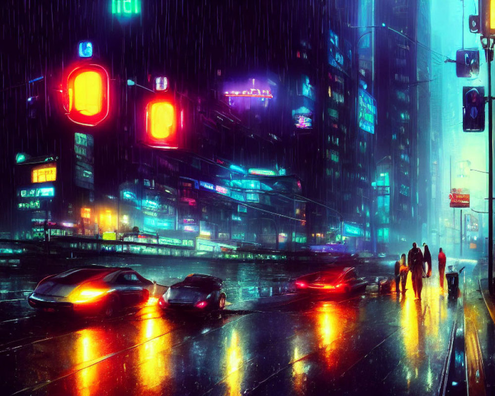 Rainy city street at night with neon lights, reflecting brake lights, and pedestrians with umbrellas.