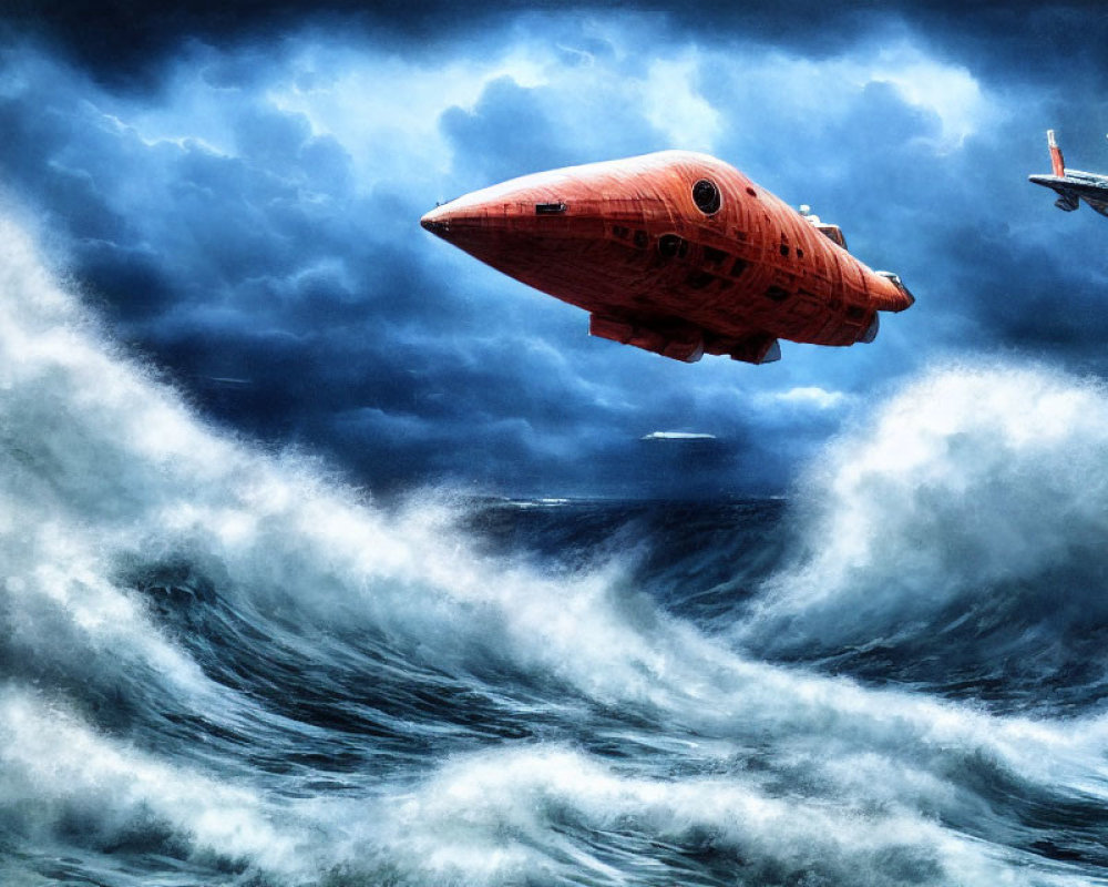 Futuristic orange spaceship over stormy ocean with second craft