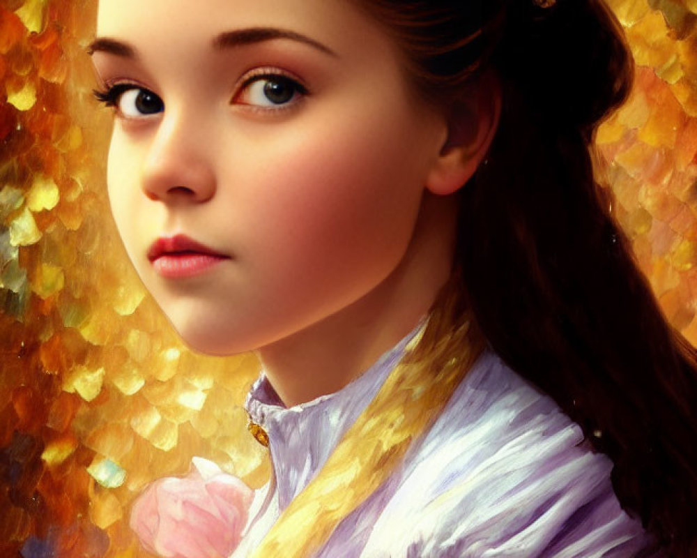 Portrait of young girl with gold crown on warm golden backdrop