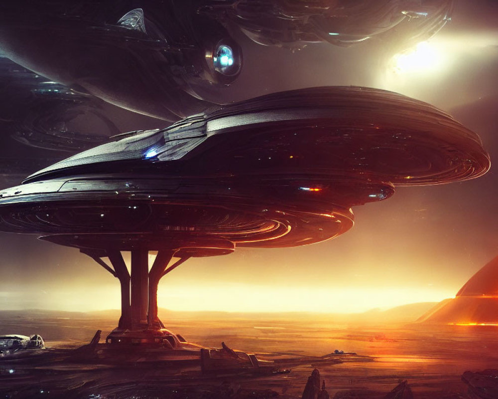 Futuristic spaceship above fiery alien landscape with disc structure