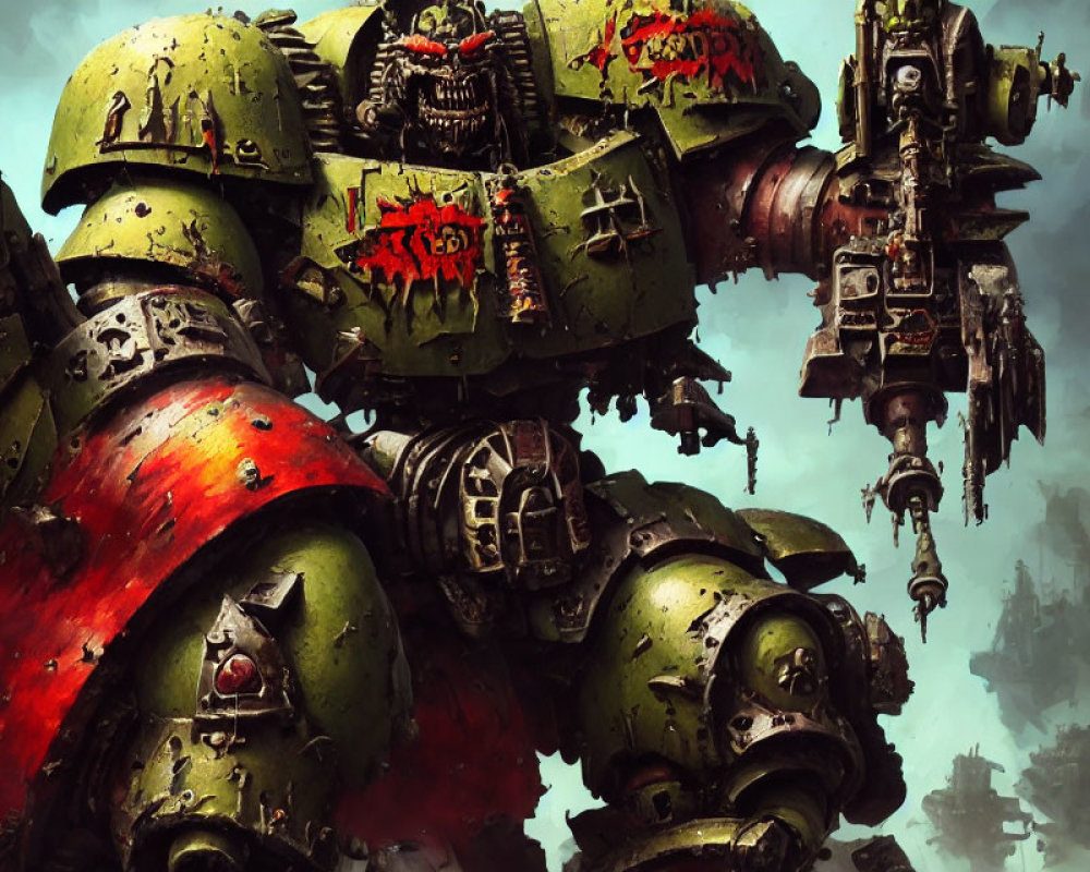 Armored green mech with cannon in gritty war-torn scene