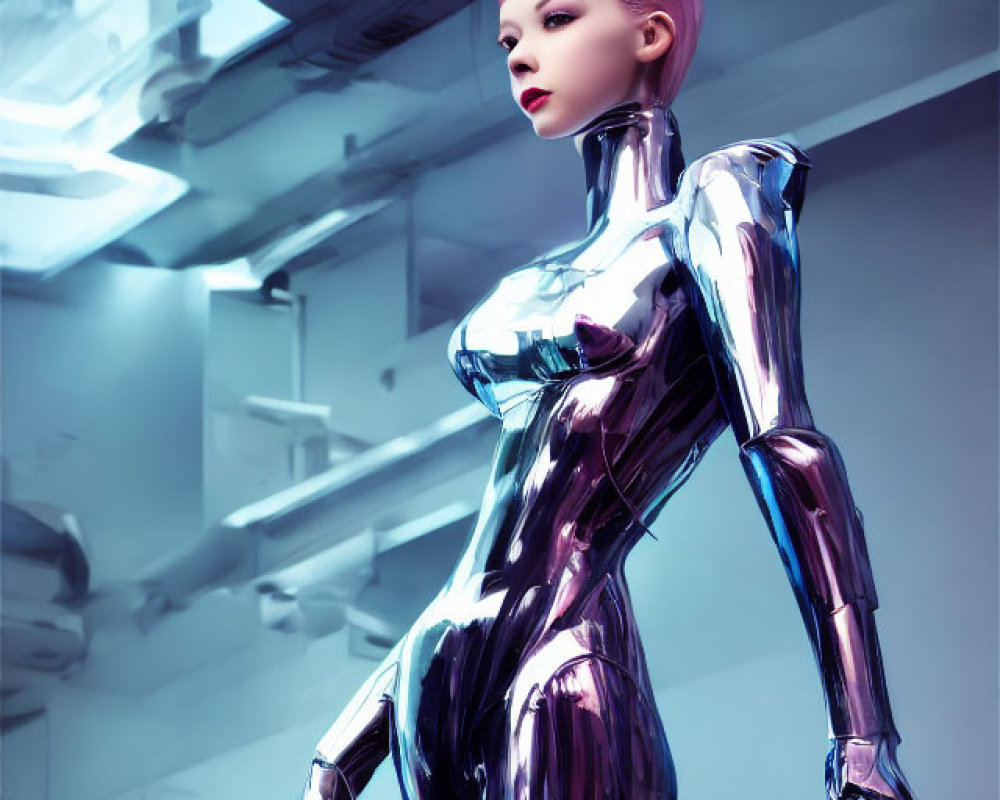 Reflective silver female android with pink hair in futuristic corridor