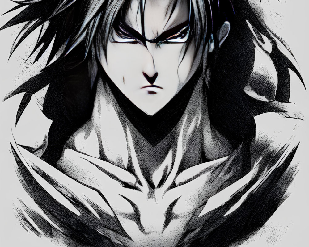 Detailed monochrome anime character illustration with spiky hair and intense expression.