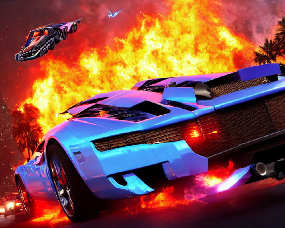 Futuristic blue sports car racing in fiery urban landscape