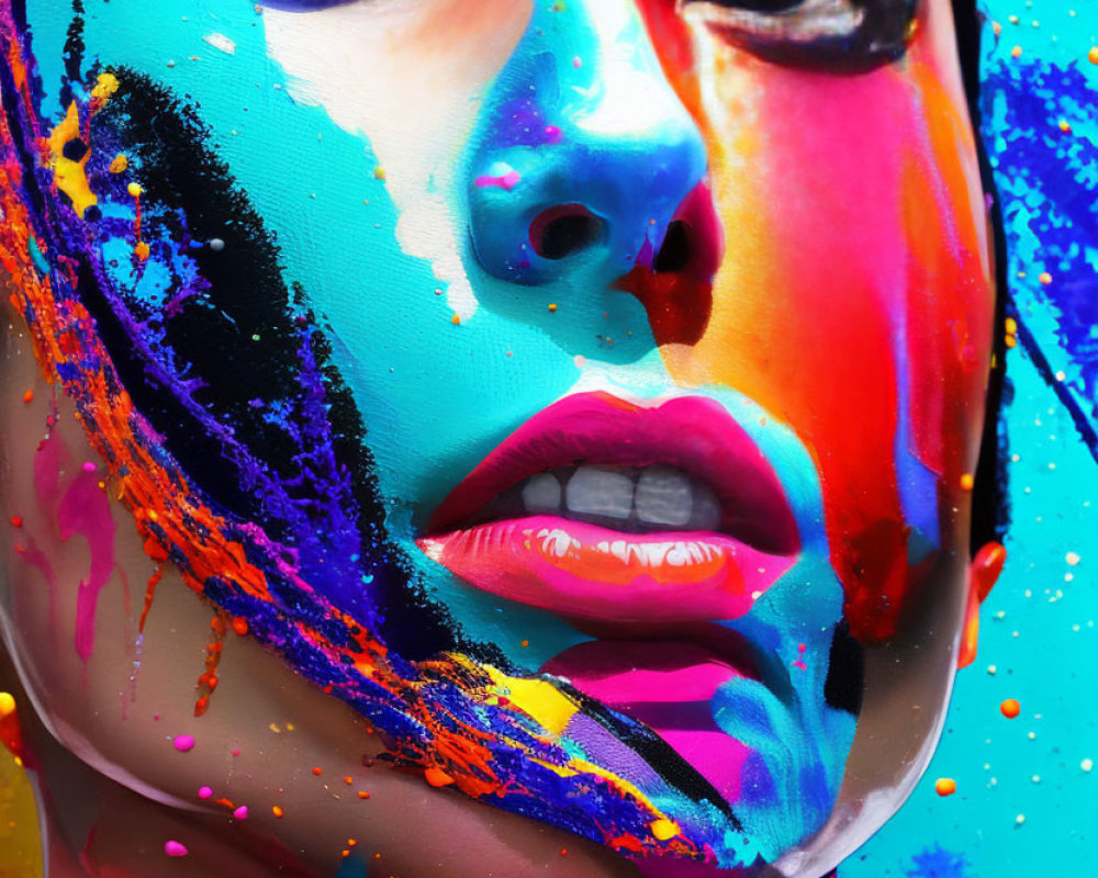 Vibrant Blue, Pink, Orange Artistic Makeup on Woman's Face