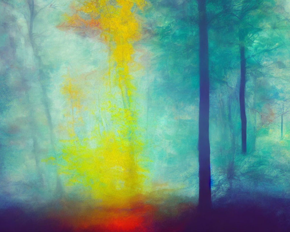 Abstract forest scene with vibrant blues and yellows depicting sunlight filtering through mist-covered trees.