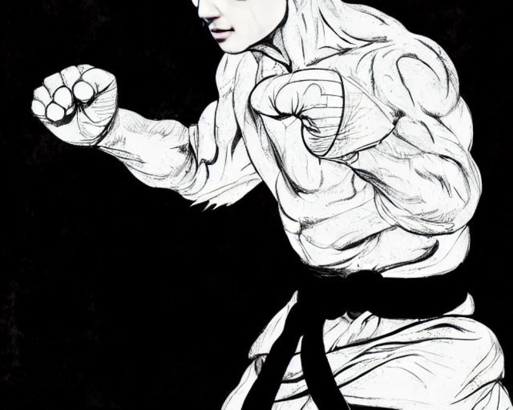 Monochrome illustration of determined martial artist in karate gi