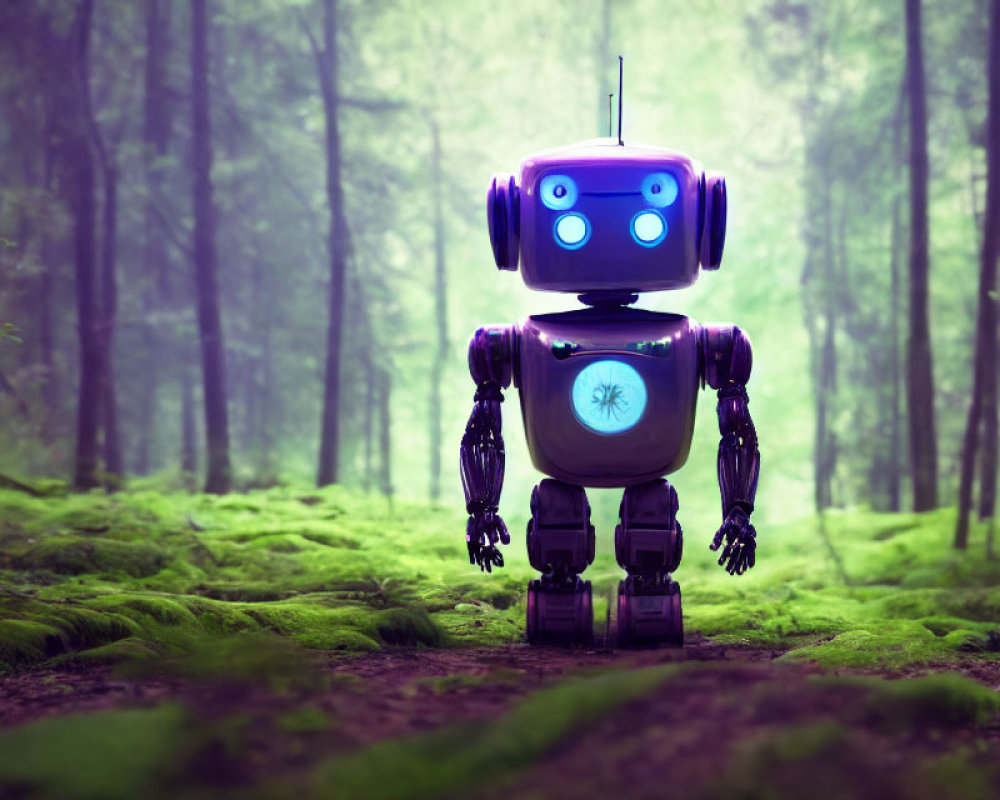 Glowing blue humanoid robot in misty forest