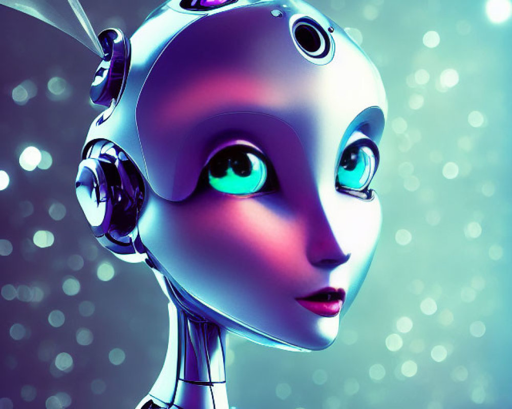 Futuristic Female Robot with Blue Eyes and Antennae on Metallic Body