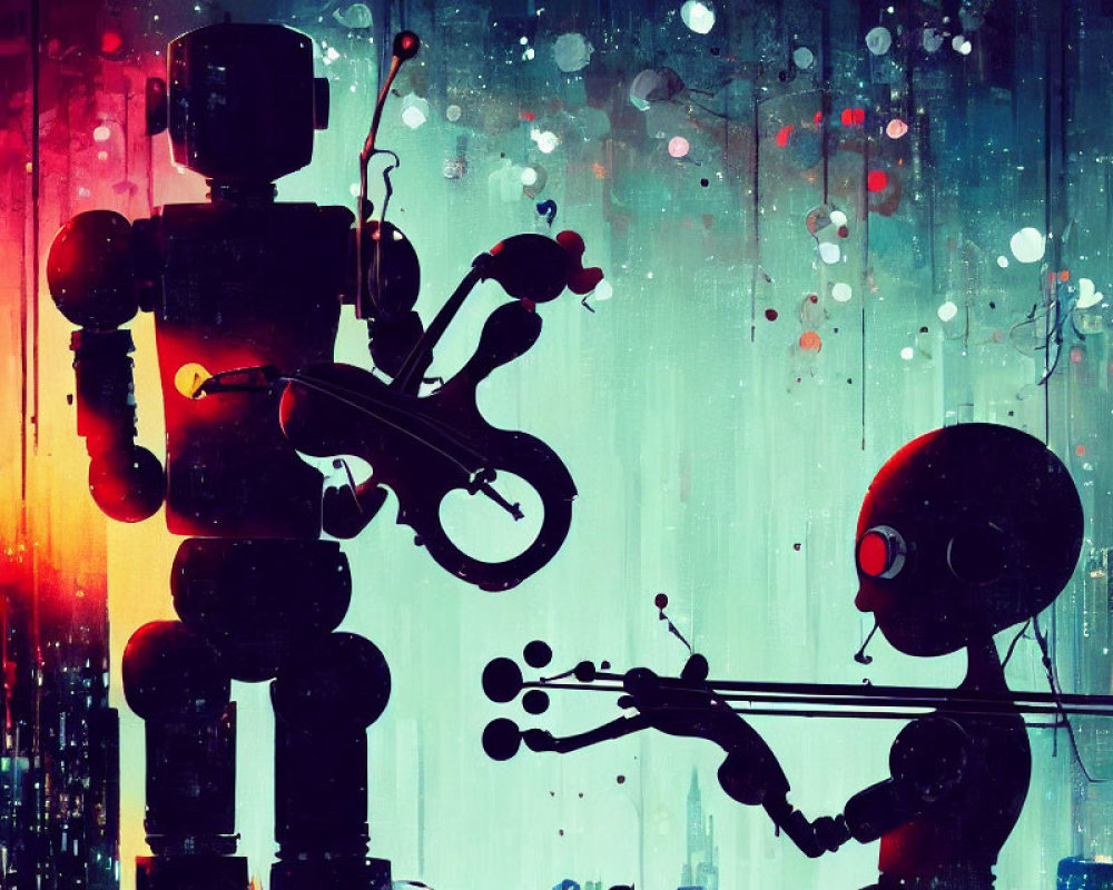 Colorful Bokeh Background with Two Robots Playing String Instruments