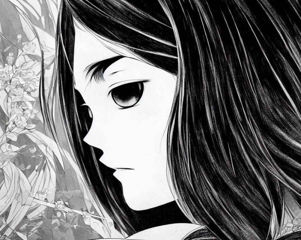 Detailed black and white illustration of a girl with large eyes and floral patterns