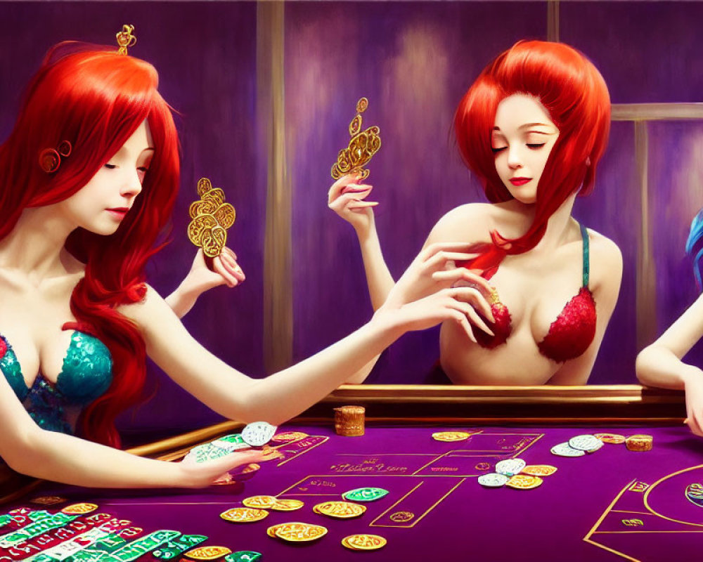 Two Red-Haired Women Playing Card Game in Purple Room