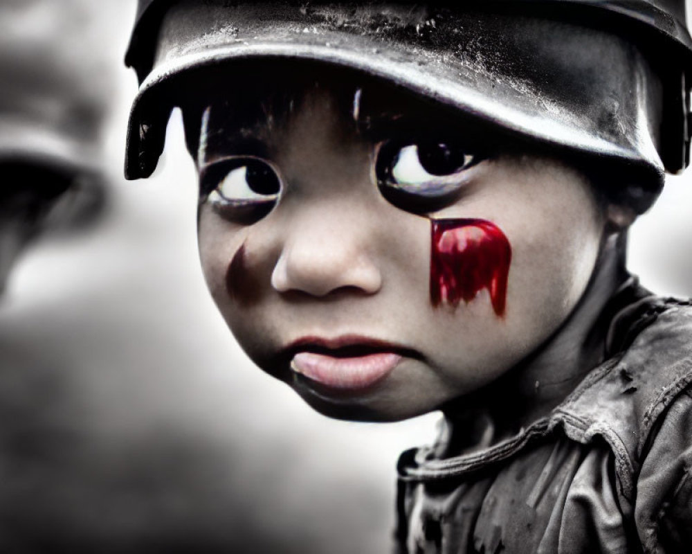 Child in helmet with tear-like face paint & military attire.