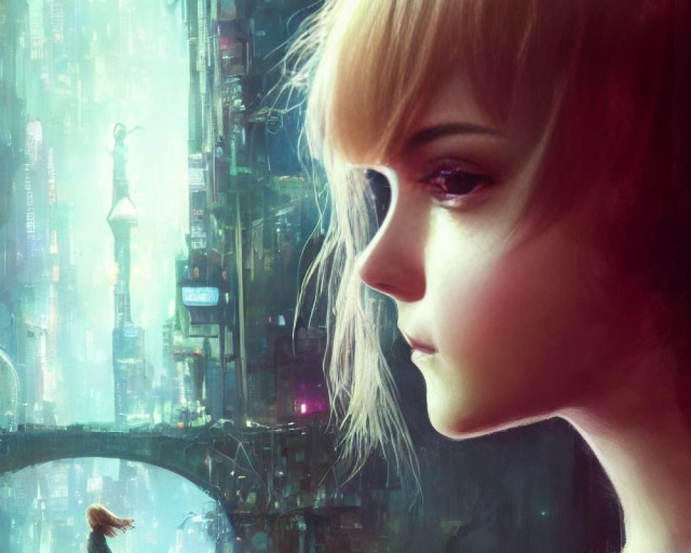 Woman with short hair gazing in futuristic cityscape