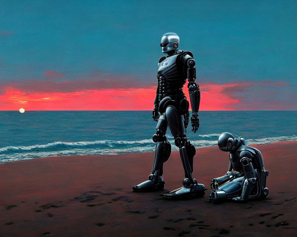 Two humanoid robots on beach at sunset observing horizon and each other