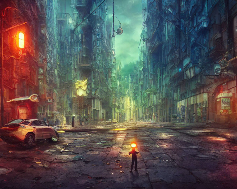 Child with backpack in futuristic city street with dilapidated buildings and glowing figure