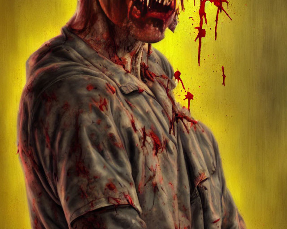 Gory zombie illustration with decayed flesh and blood stains