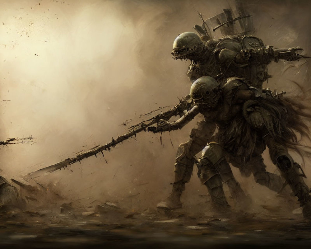 Futuristic warriors in battle armor with long spear-like weapon in dusty field