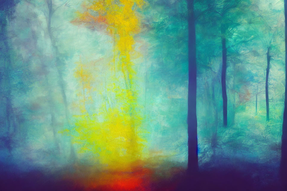 Abstract forest scene with vibrant blues and yellows depicting sunlight filtering through mist-covered trees.