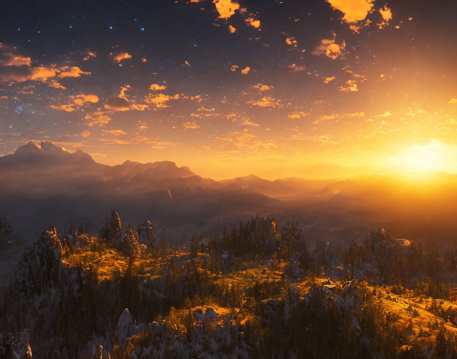 Vibrant sunset over snow-capped mountains and starry sky