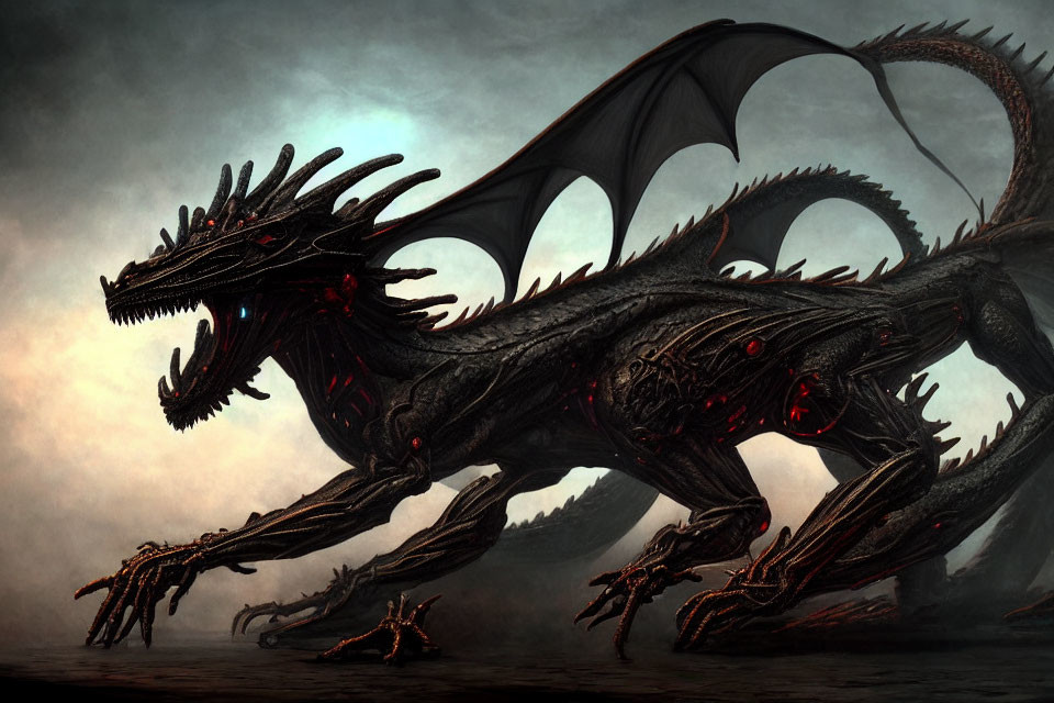 Black Dragon with Glowing Red Eyes in Stormy Setting