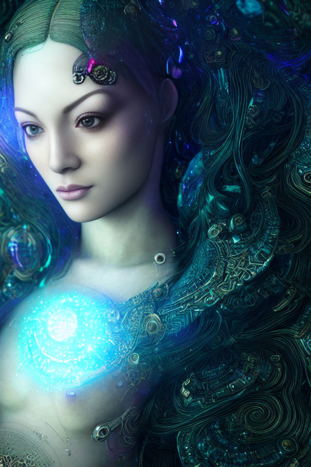 Blue-skinned woman with metallic hair in fantasy artwork with glowing circuitry patterns