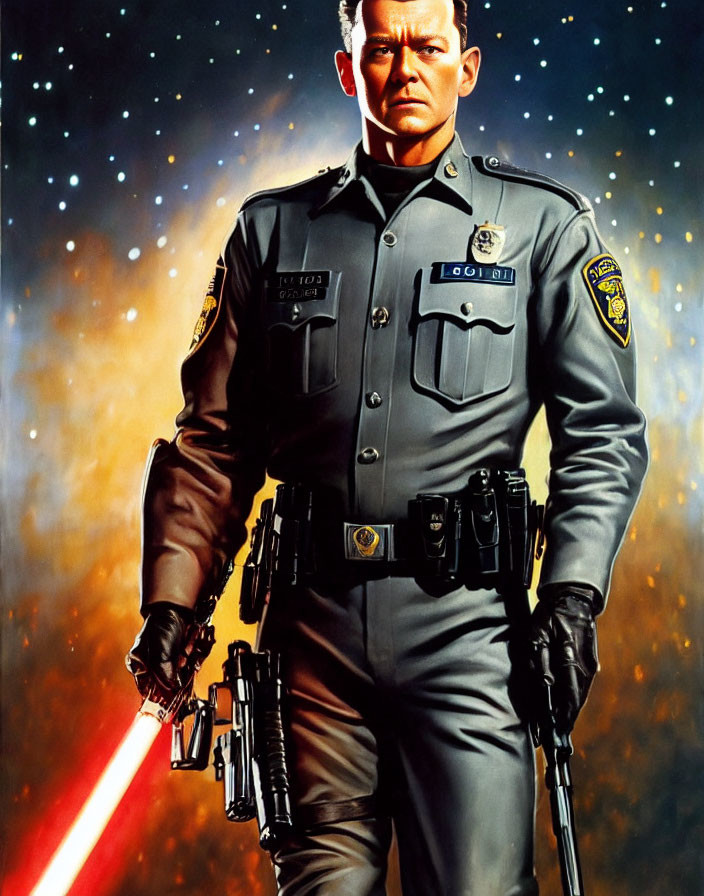 Police officer in uniform wields red lightsaber against starry backdrop