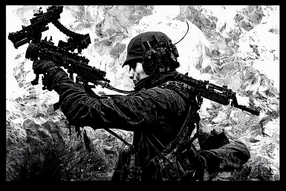 Monochrome digital artwork of soldier in tactical gear aiming rifle