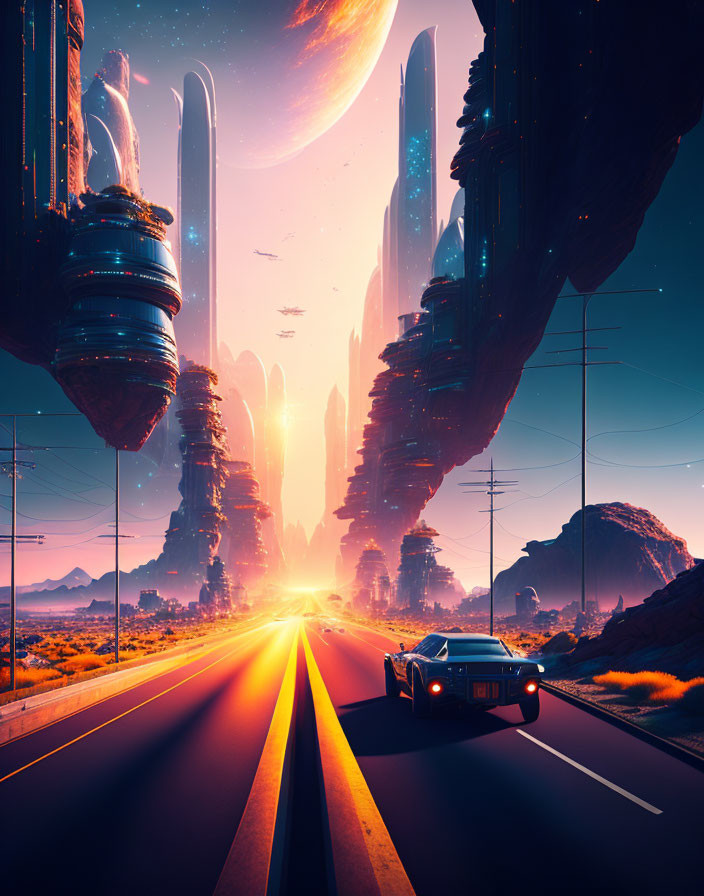 Futuristic car on alien highway under planet and rings