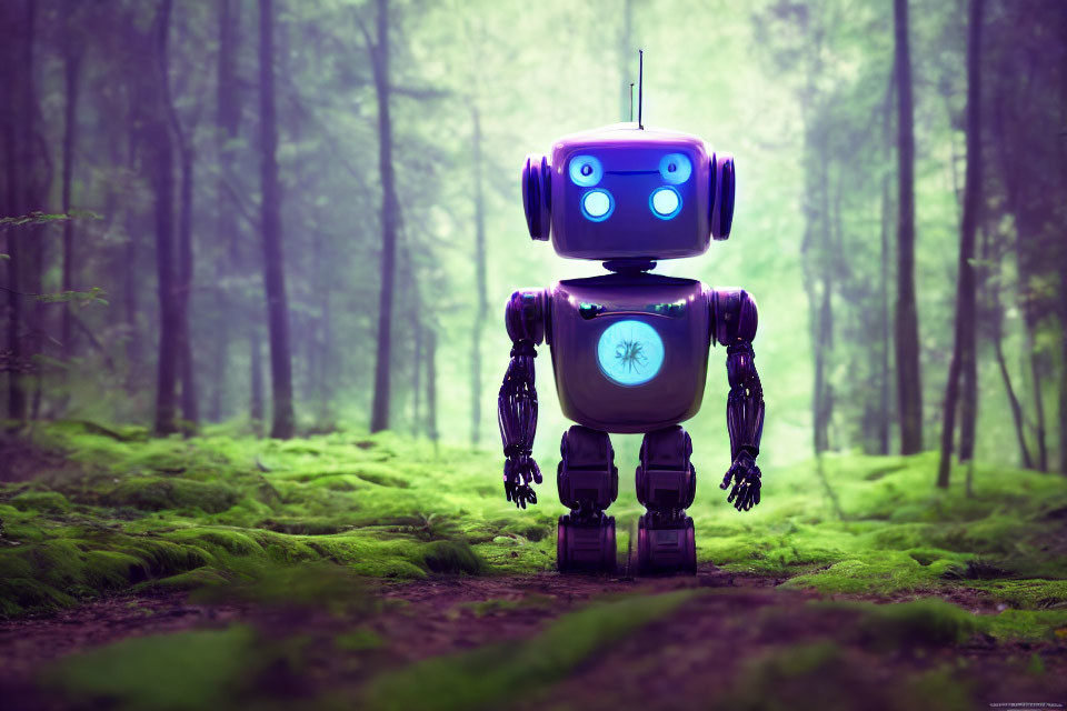 Glowing blue humanoid robot in misty forest