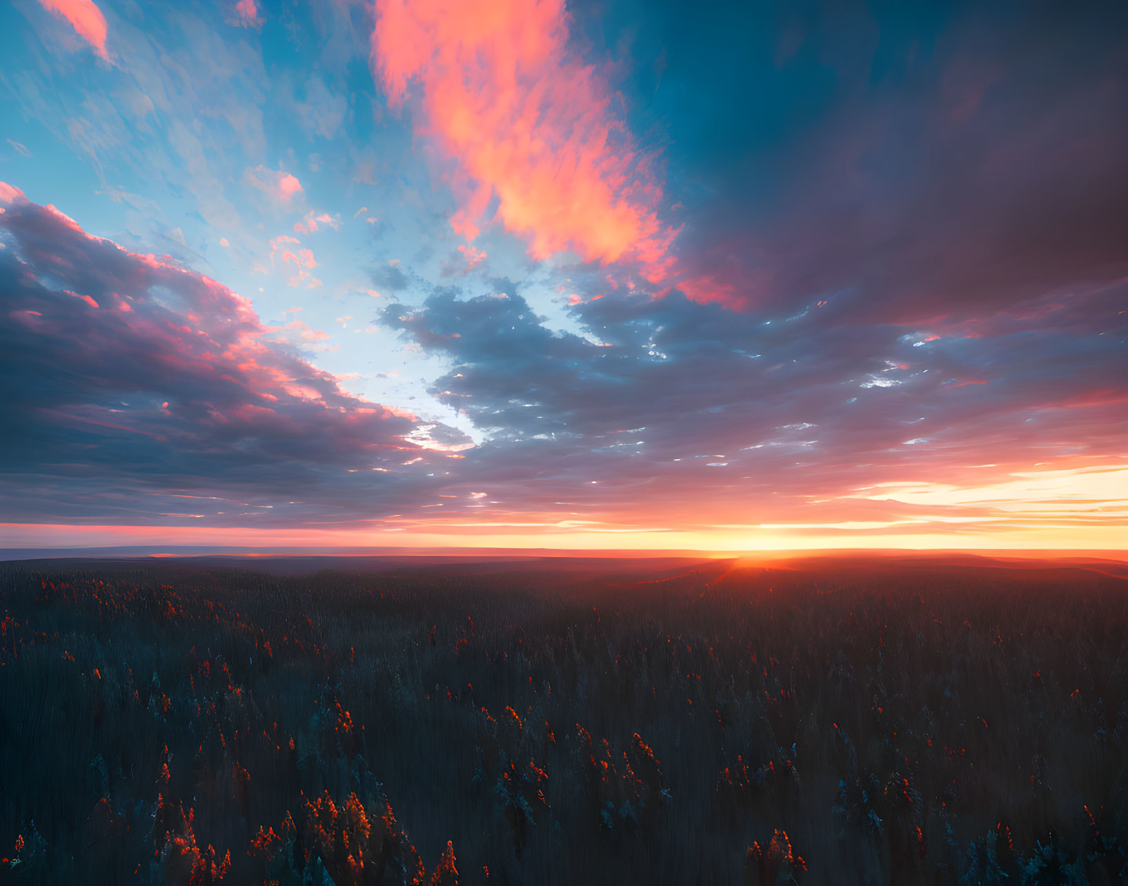 Vibrant pink and blue sunset over forested landscape.