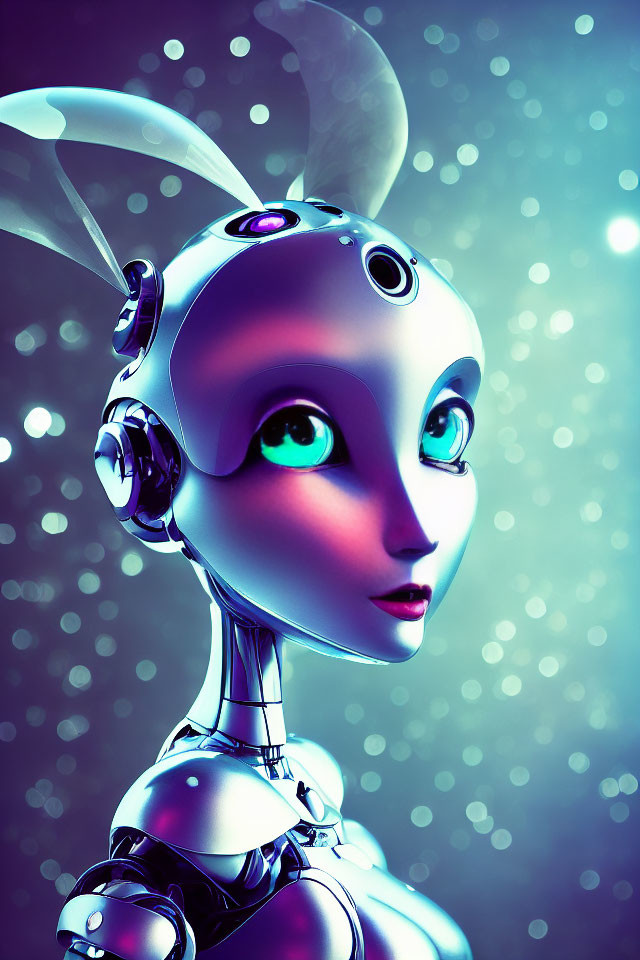 Futuristic Female Robot with Blue Eyes and Antennae on Metallic Body