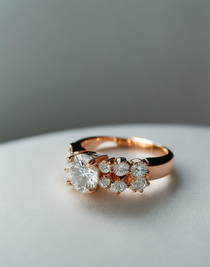 Rose Gold Ring with Large Diamond and Smaller Stones on Gray Background