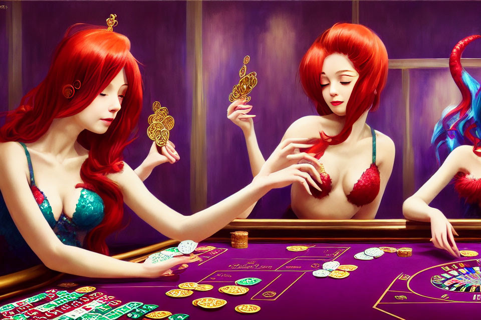 Two Red-Haired Women Playing Card Game in Purple Room