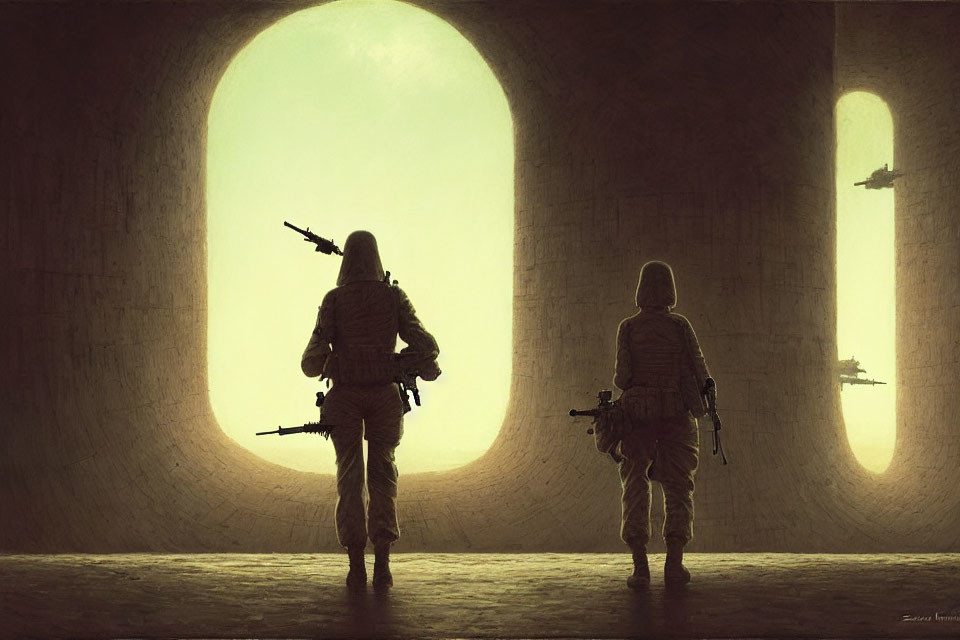 Silhouetted armed figures in arched hallway with flying ships outside