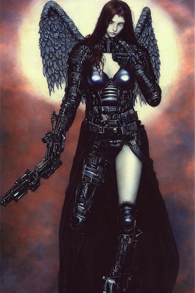 Futuristic female figure with mechanical wings and arms in black armor on pink and blue backdrop