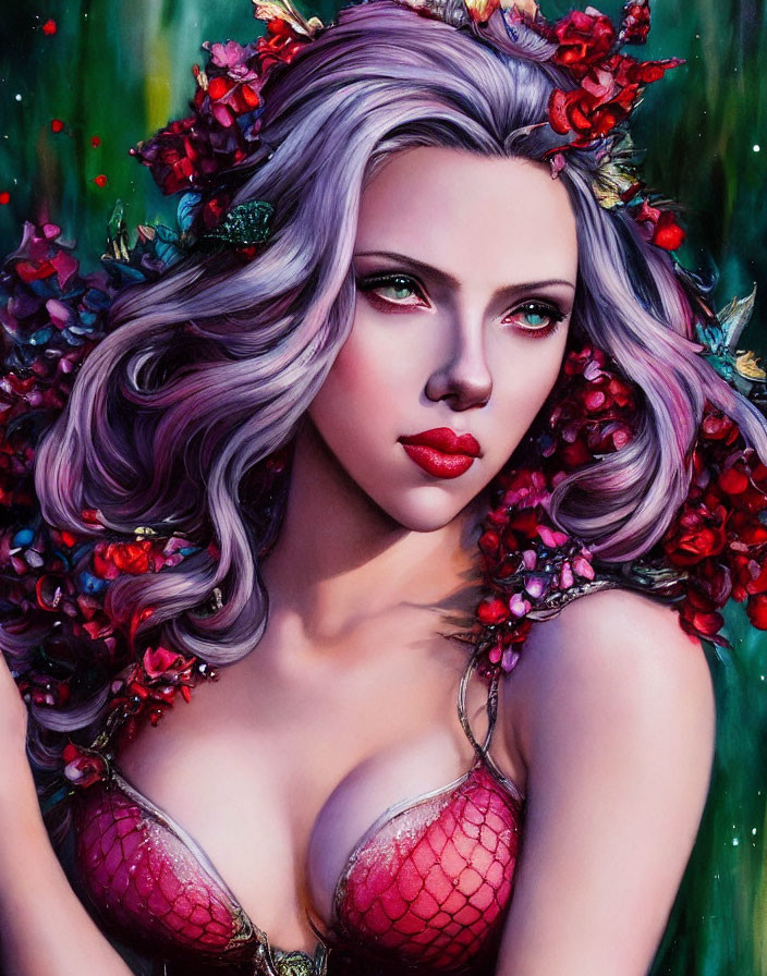 Portrait of woman with lavender hair, green eyes, red lips, crowned with red flowers