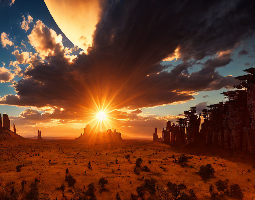 Dramatic desert landscape with sunset and crescent planet