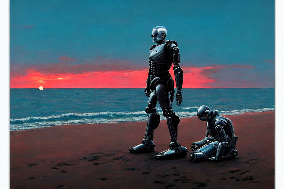 Two humanoid robots on beach at sunset observing horizon and each other