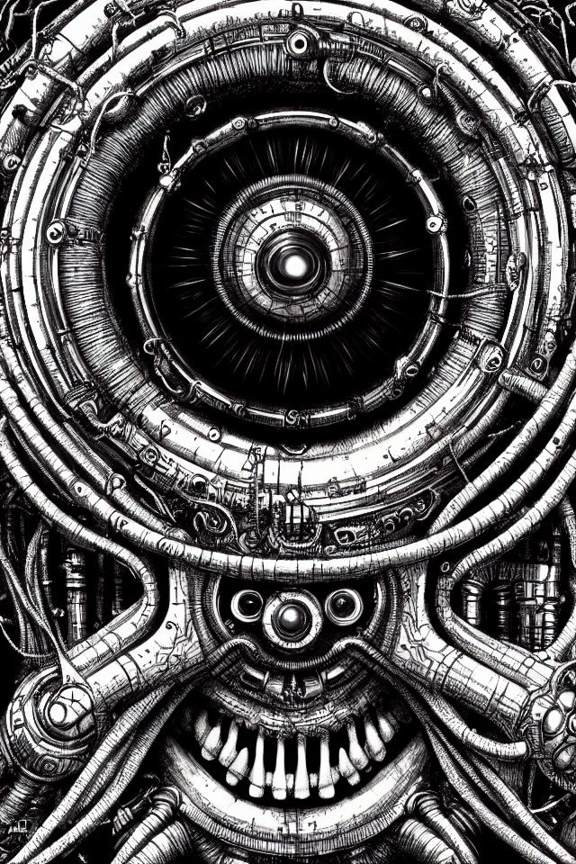 Detailed black and white mechanical eye illustration with gears and cables above stylized face.