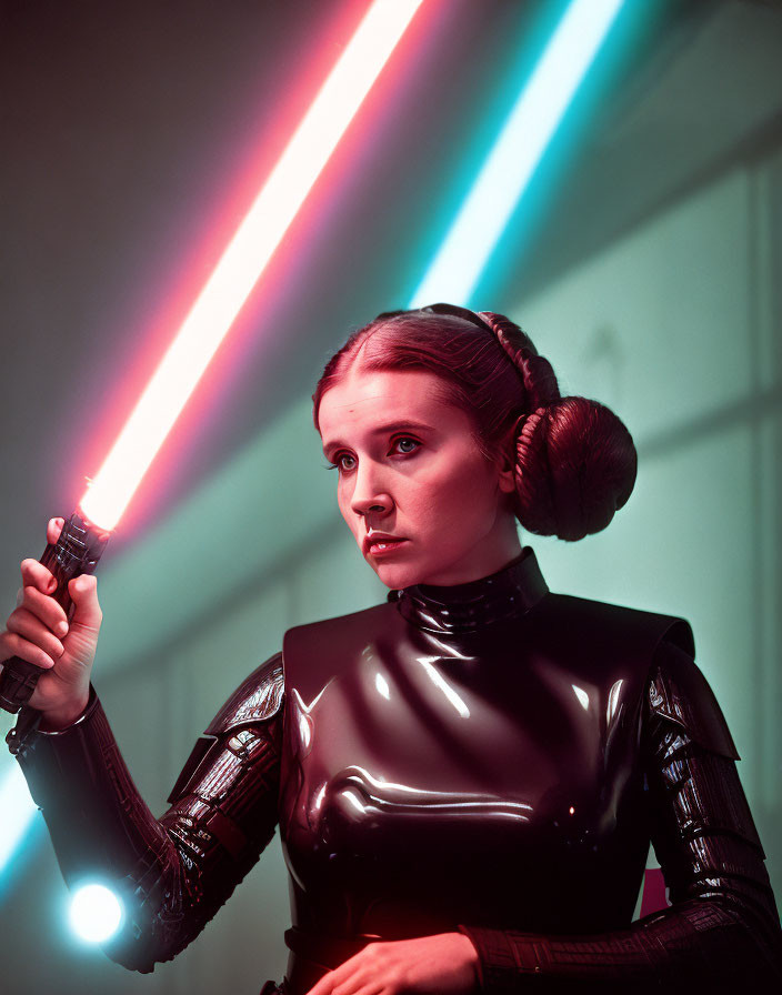 Person in Black Outfit with Hair Buns Wielding Lightsaber in Neon-lit Setting