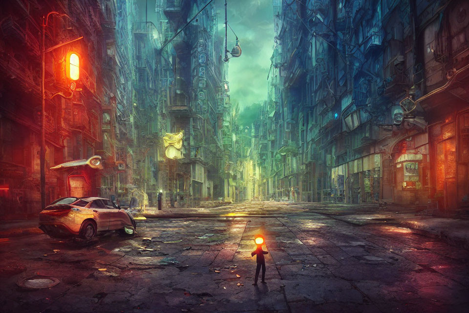 Child with backpack in futuristic city street with dilapidated buildings and glowing figure