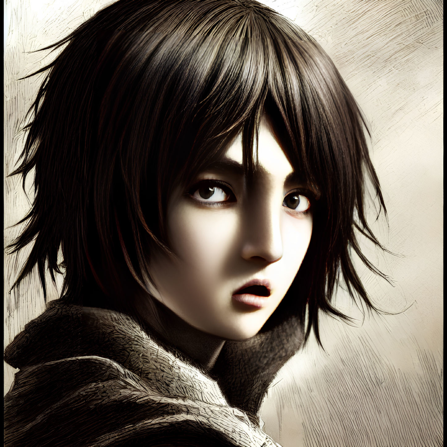 Digital artwork of young person with dark hair and intense eyes wearing grey scarf on textured beige background