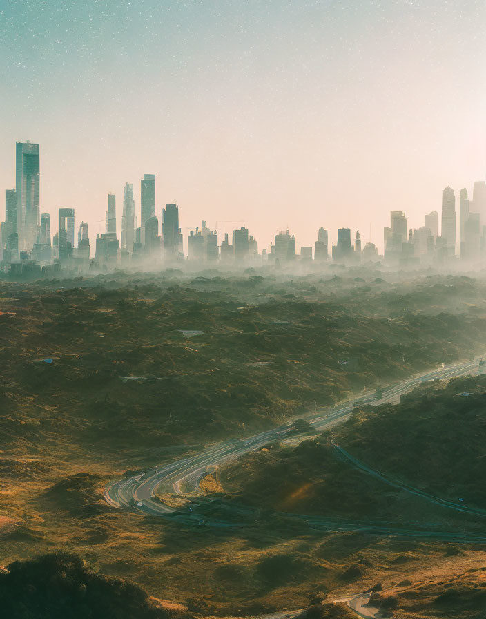 Scenic winding road through hilly landscape towards distant city skyline at sunset